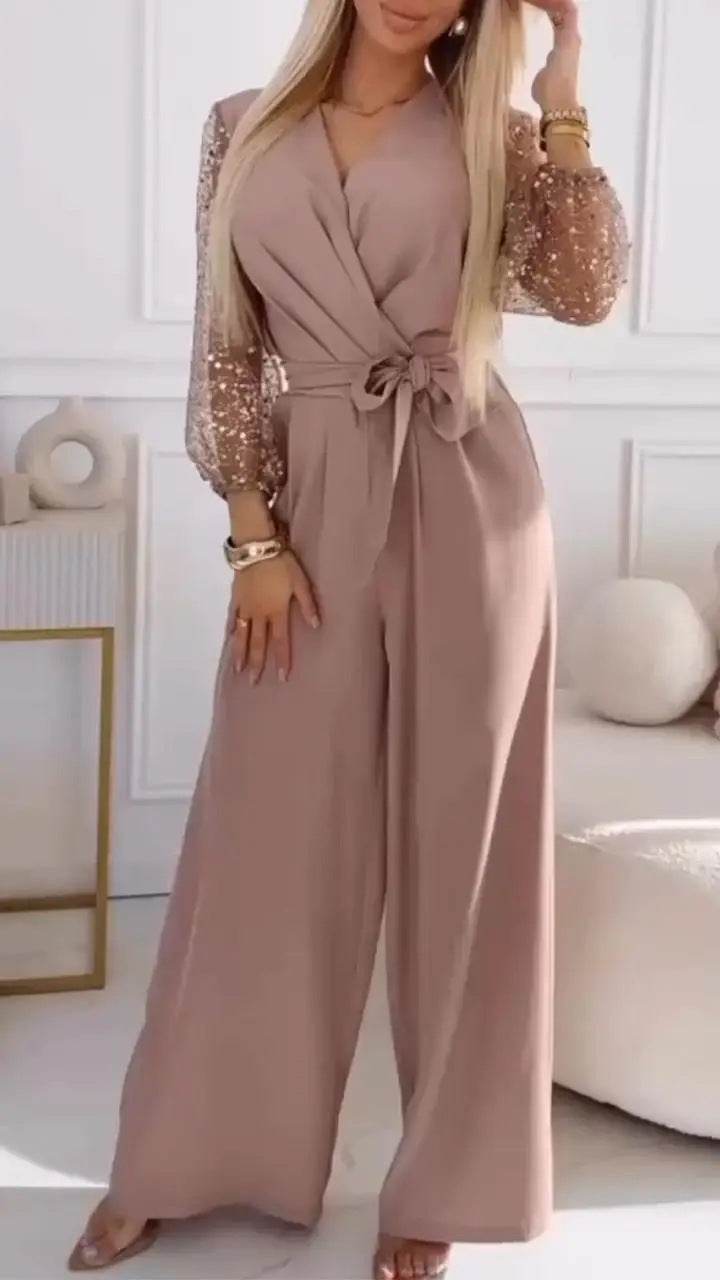 Sequined Top Wide Leg Pants Casual Suit Women Cameo Brown