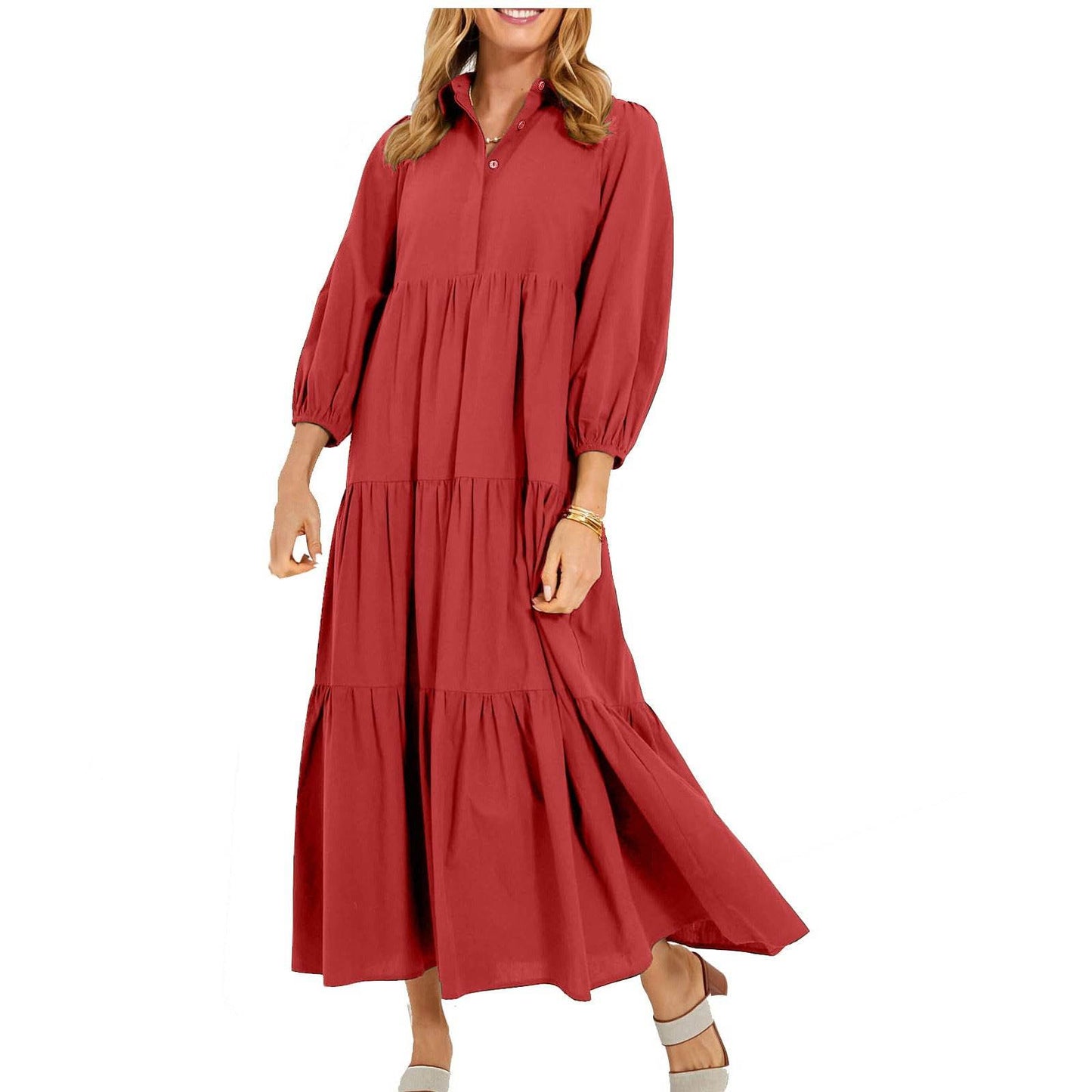 New Button Lapel Fashion Pullover High Waist Casual Dress Ladies Orange