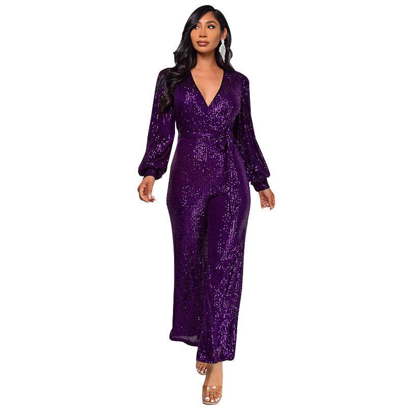 High Waist Wide Leg Sequined Belt Jumpsuit Purple