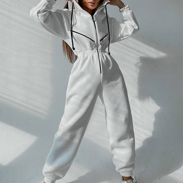 Casual Women Basic Hoodie Two Piece Sets Zipper Drawstring White