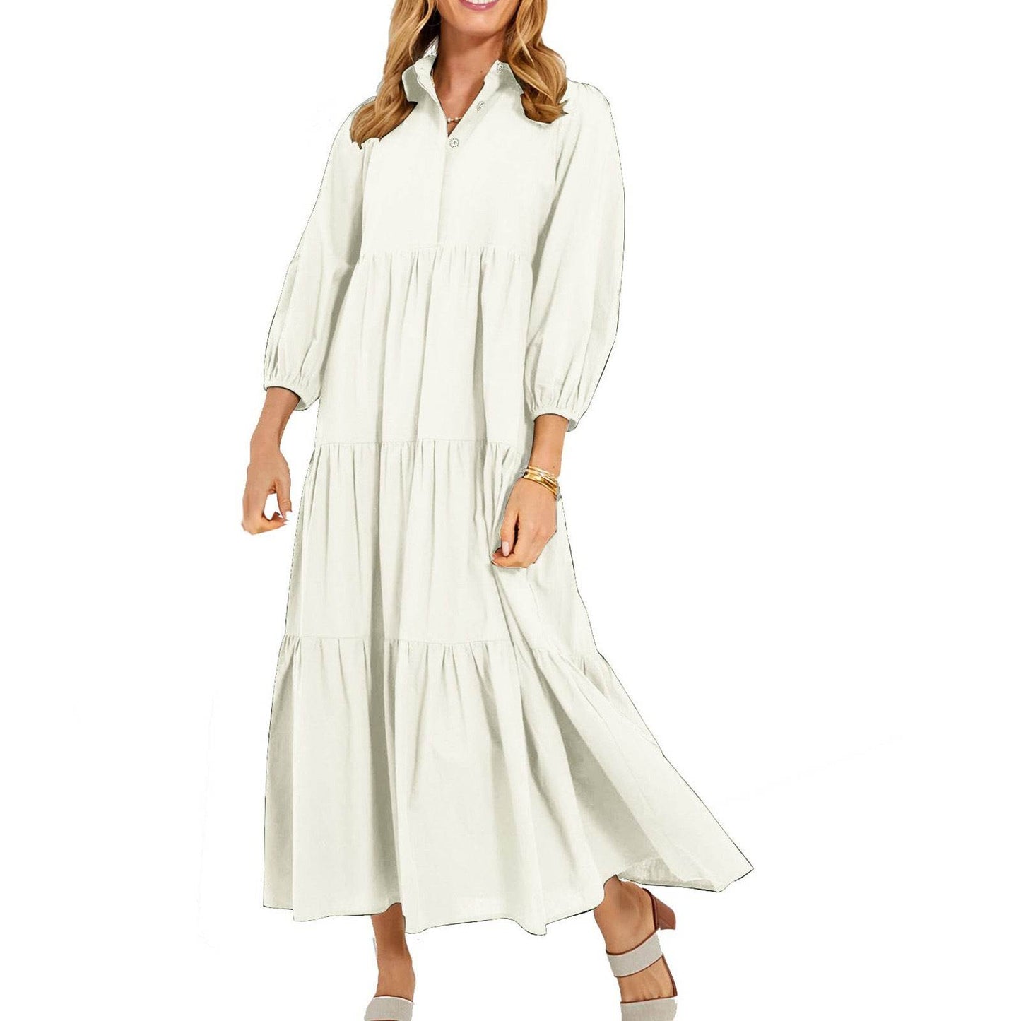 New Button Lapel Fashion Pullover High Waist Casual Dress Ladies Beige
