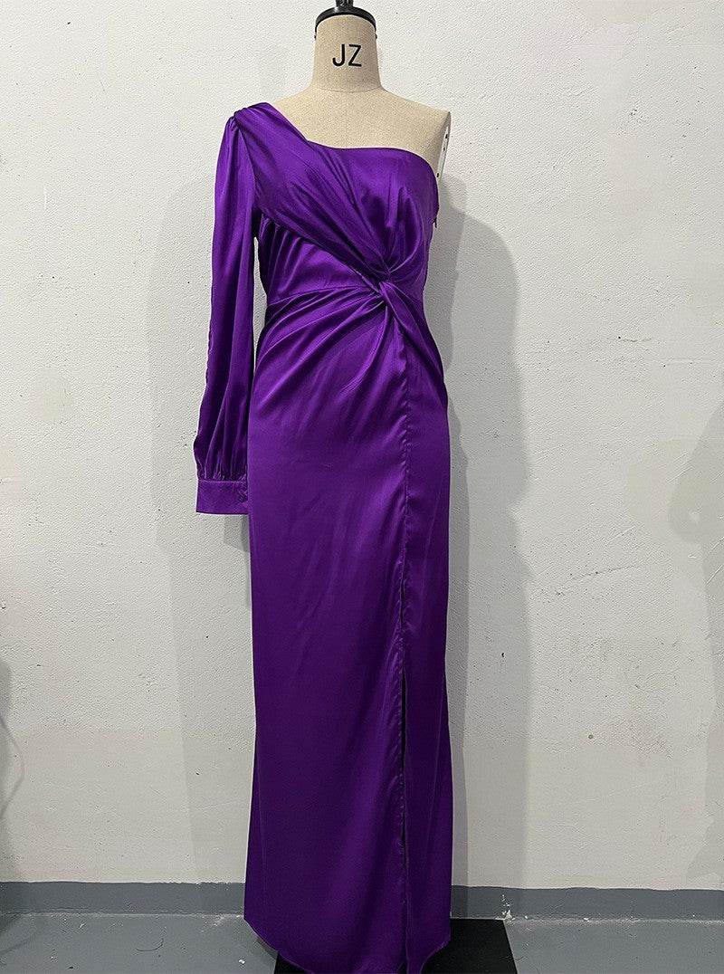 Women's One-shoulder Split Dress Ins Fashion Long-sleeved Slim Long Dresses Party Evening Clothing Purple