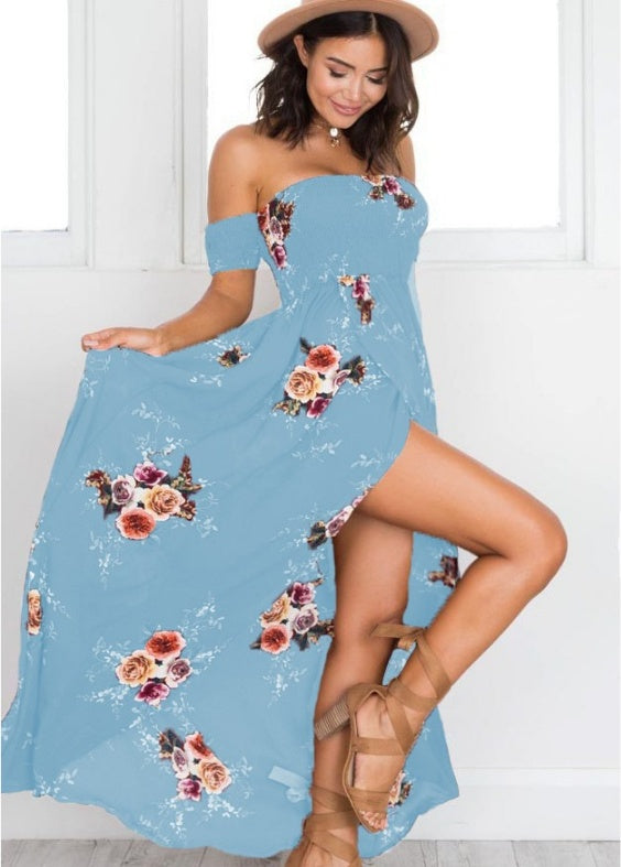 Boho style long dress women Off shoulder beach summer dresses blue