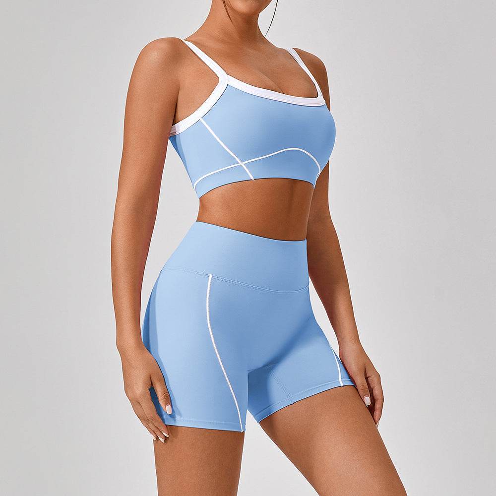Outdoor Sports Yoga Suits Women's Spaghetti Strap Contrast Color Fitness Set Outfits Water Blue Short