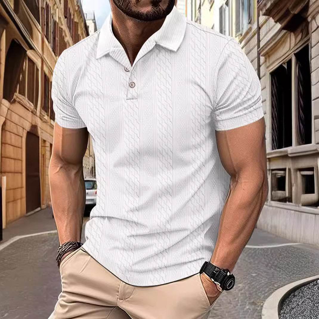 Simple Fashion Solid Color Polo Collar Men's Button Jacquard Short Sleeve White