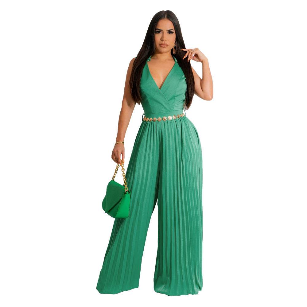 Cinched Pleated Loose Wide Leg Jumpsuit Green