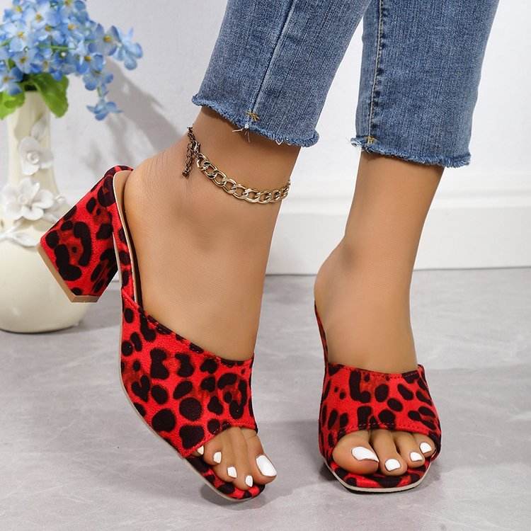 Leopard Square Toe Sandals Summer High-heeled Slippers Chunky Heel Shoes For Women Red