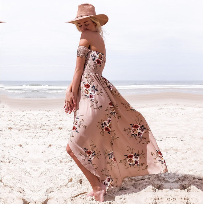 Boho style long dress women Off shoulder beach summer dresses khaki