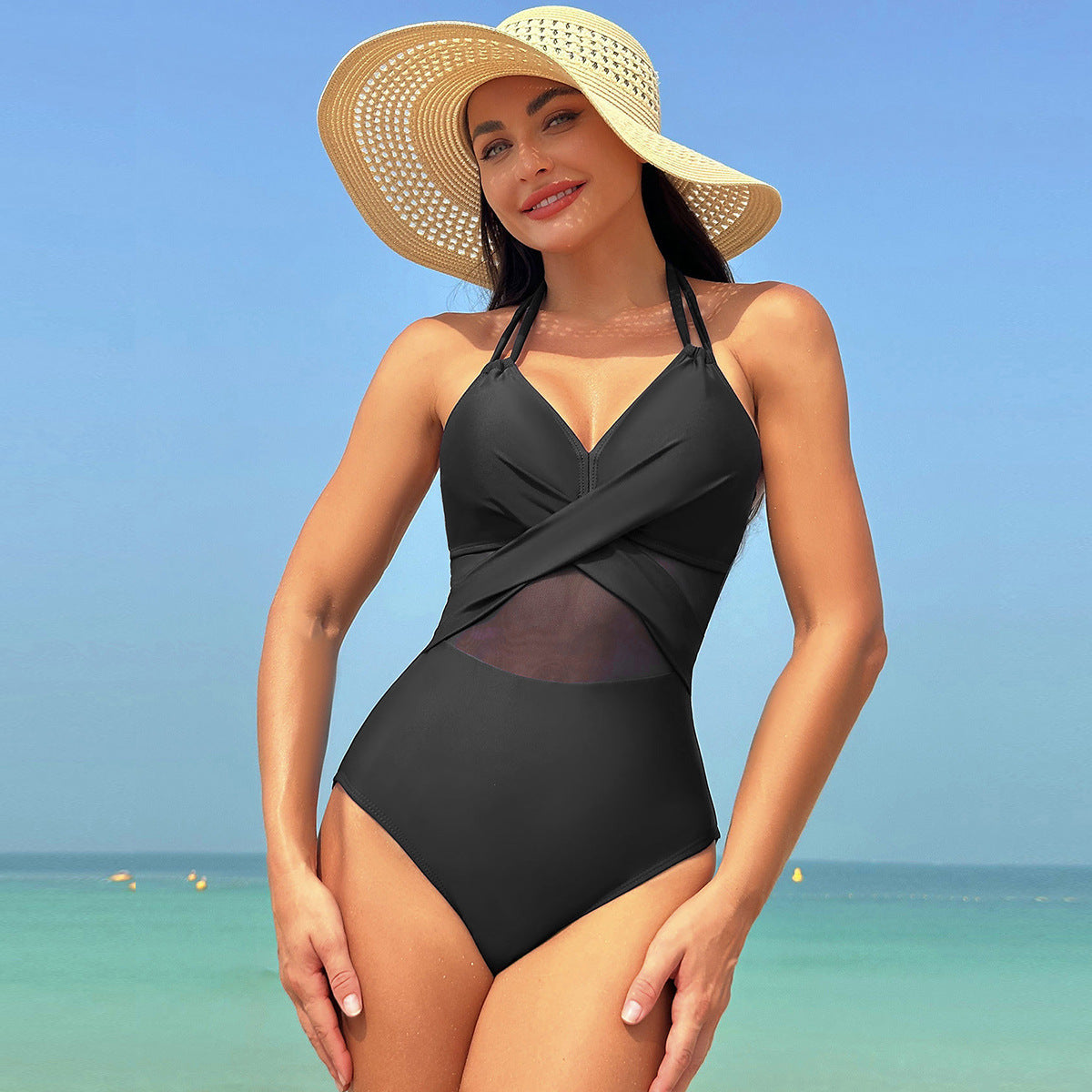Halter-neck One-piece Swimsuit Summer Solid Color Cross-strap Design Mesh Bikini Beach Vacation Womens Clothing Black