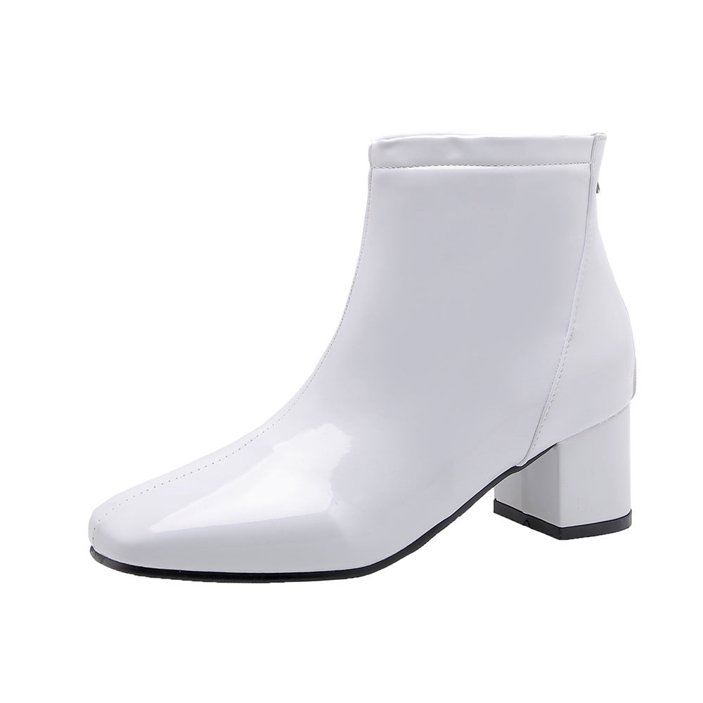 Mid heel lacquered square toe boots White