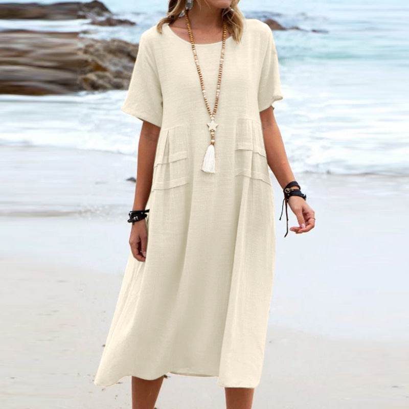 Women's Summer Loose Casual Midi Dress Breathable Cotton Linen Short-sleeve Mid-length Dresses Women Simple Beach Dress Khaki