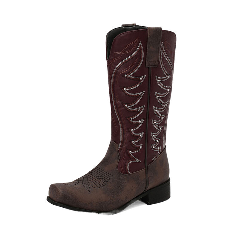 West Embroidered Denim Totem Square Toe Mid-heel High Leg Boot