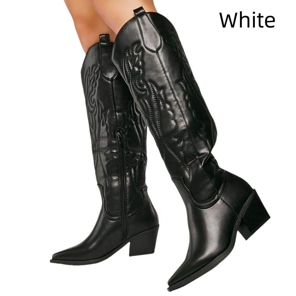 Women's Fashion Embroidered Pointed High Heel Cowboy Boot White