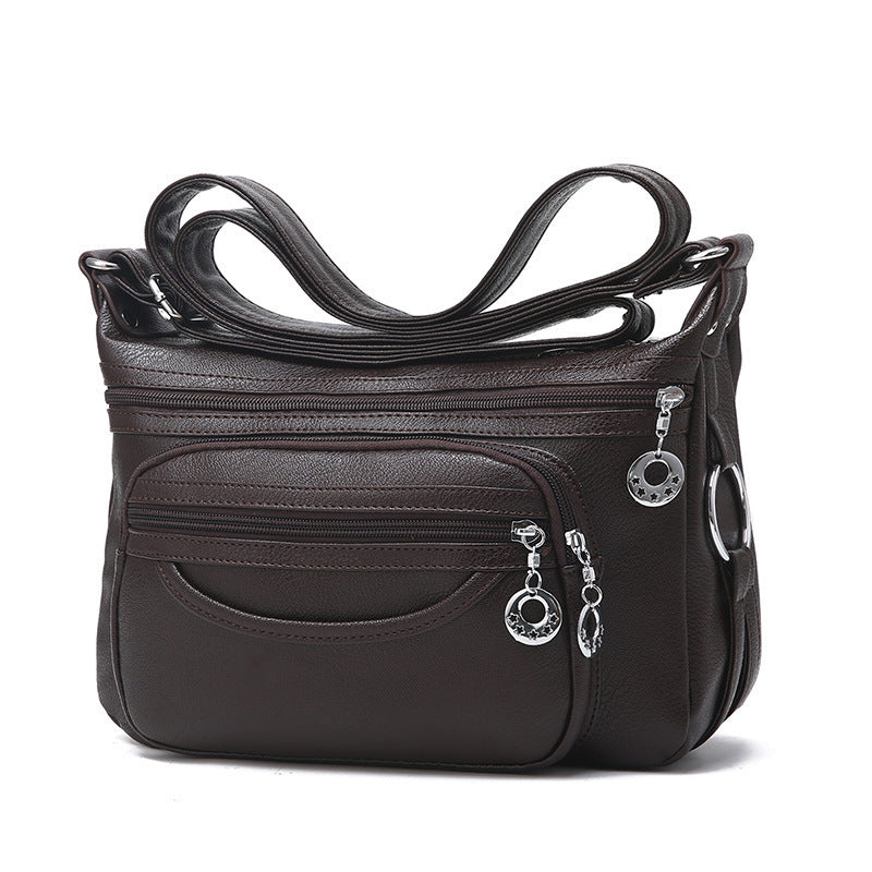 Soft Leather Casual Shoulder Bag Large Capacity Coffee 29X14X19