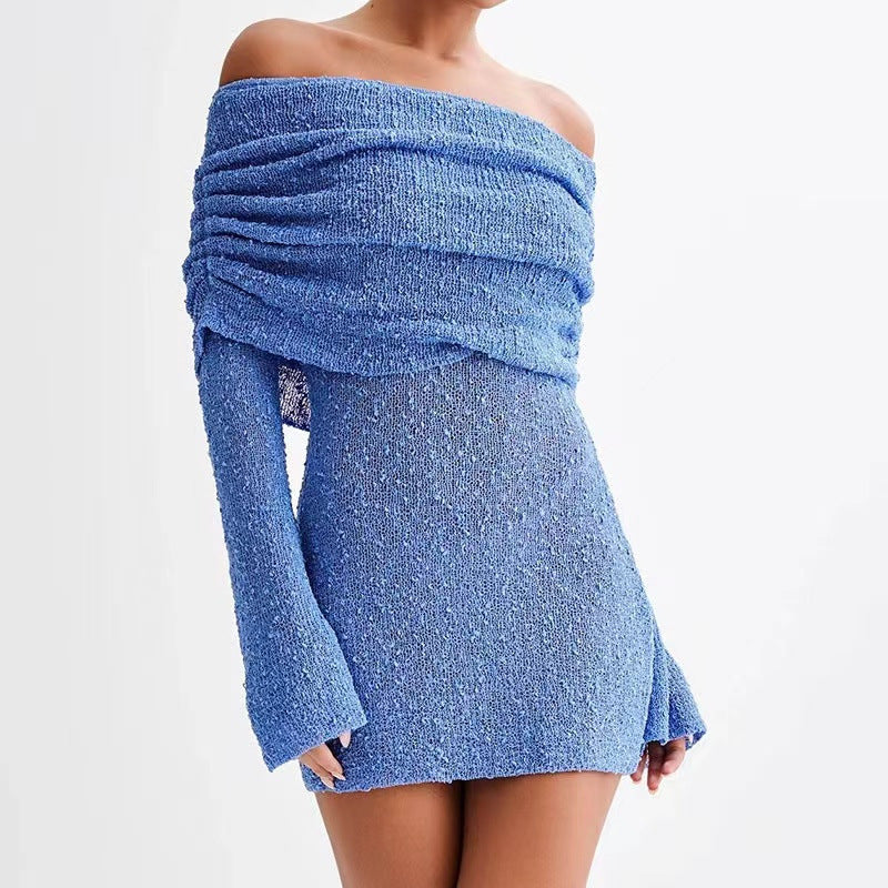 Women's Spring Summer Knitted Dress Elegant Party Boat Neck Dress Infant Off Shoulder Bodycon Long Sleeve Fuzzy Short Club Chic Mini Dress Blue