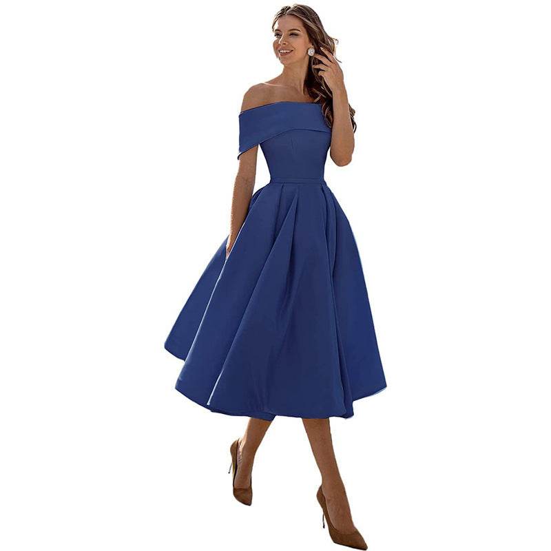 Women's Fashion Casual Strapless Satin Party Dress Off The Shoulder Tea Length Satin Prom Dresses With Pockts Formal Evening Party Dress Navy Blue