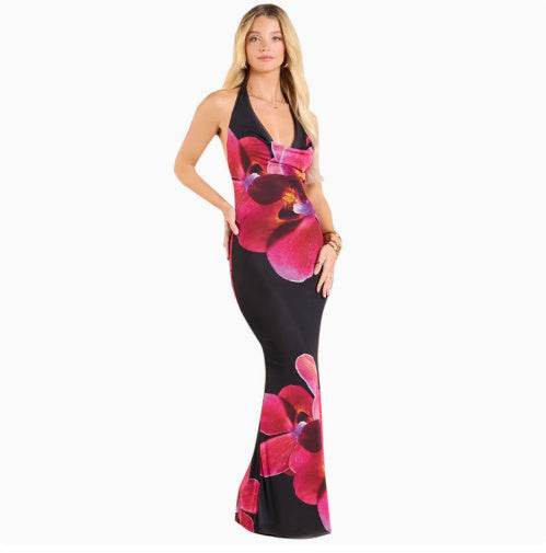 Slim Fit Floral Mesh Suspender Scarf Collar Backless Dress