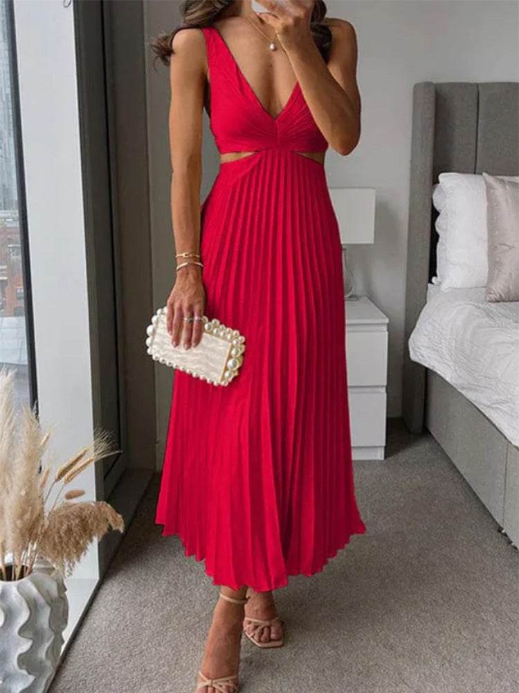 Ins Suspender Pleated Long Dress With Hollow-waisted Design Fashion V-neck Backless Dresses Summer Women's Clothing Red