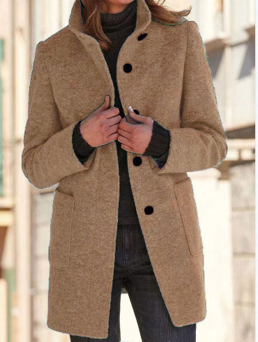 Fashion Stand Collar Woolen Coat With Pockets Fall Winter Casual Button Outwear For Women Clothing Khaki