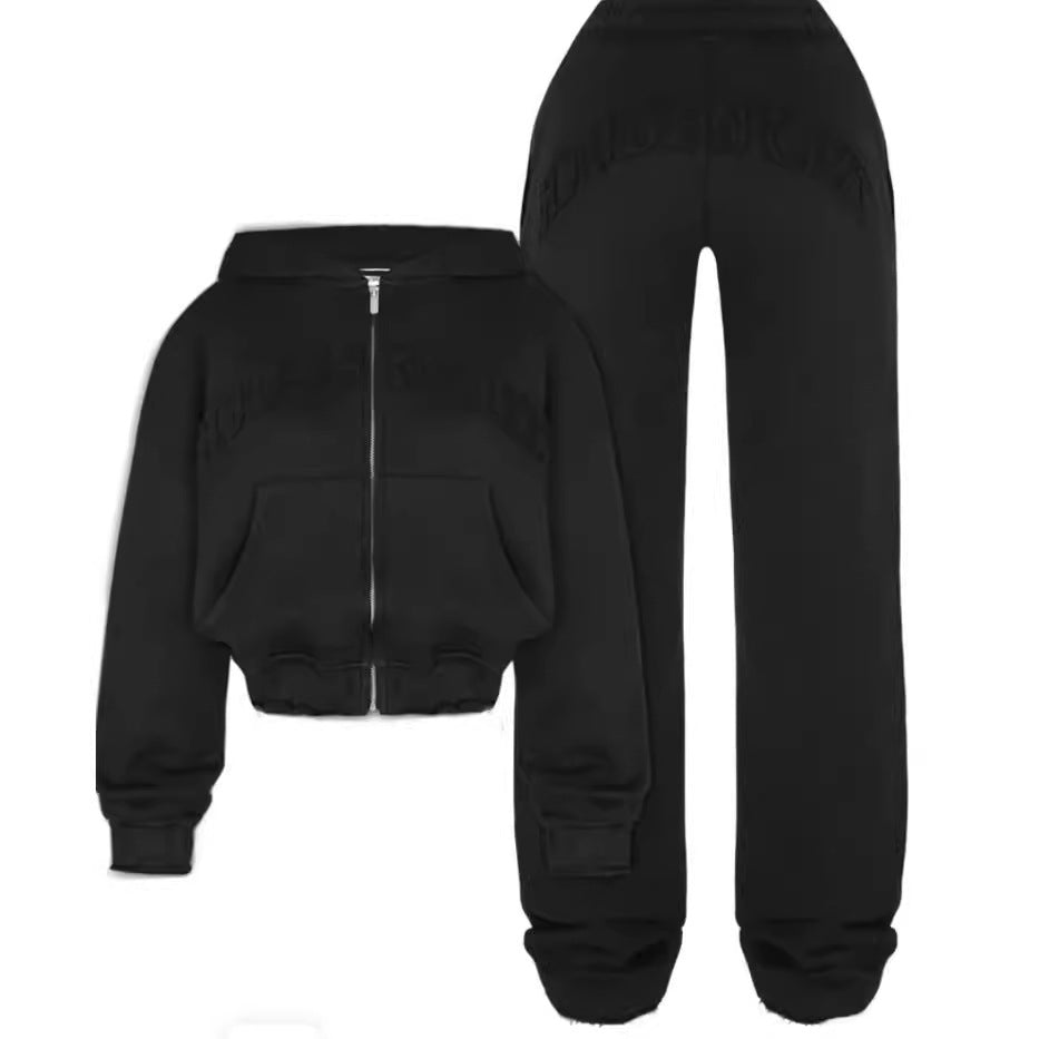 Ins Letter Sports Suit Zip-up Hooded Cropped Sweatshirt Top And Loose Drawstring Trousers Fashion Womens Clothing Black