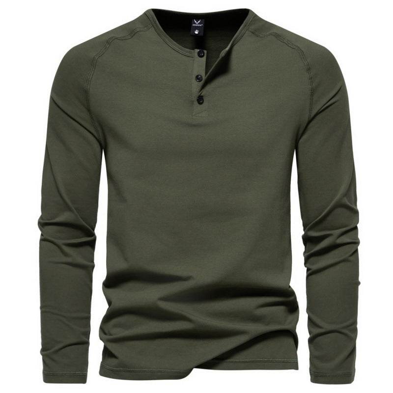 Men's Henry Collar Long-sleeved Casual Solid Color T-shirt Bottoming Shirt Army Green