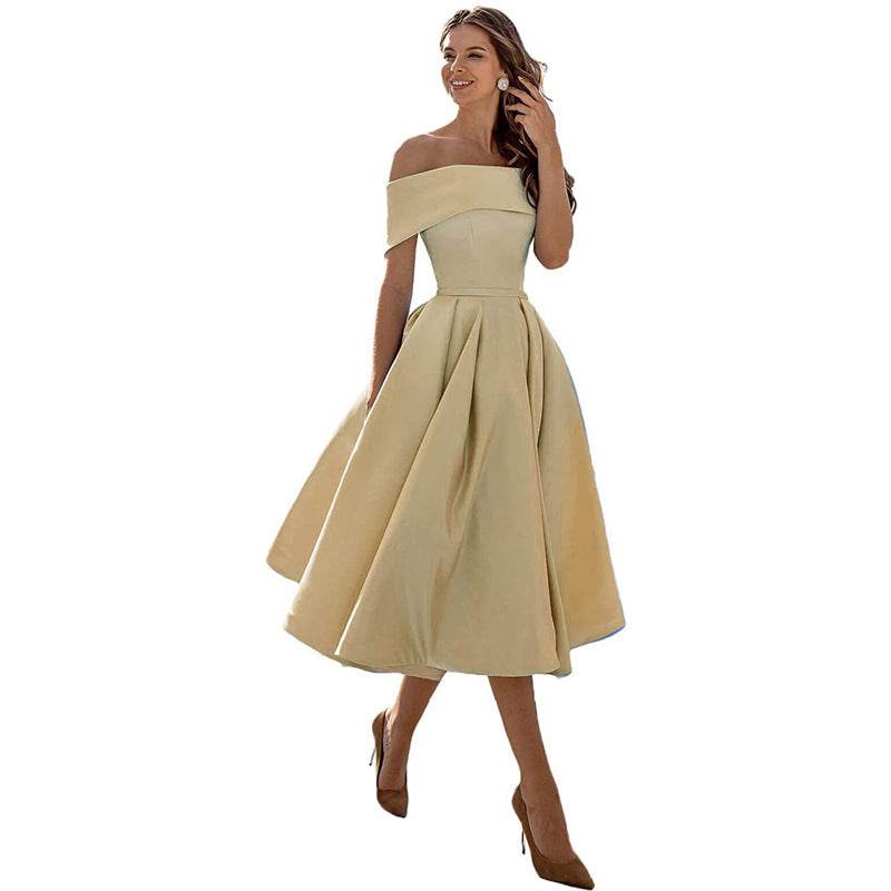Women's Fashion Casual Strapless Satin Party Dress Off The Shoulder Tea Length Satin Prom Dresses With Pockts Formal Evening Party Dress Khaki