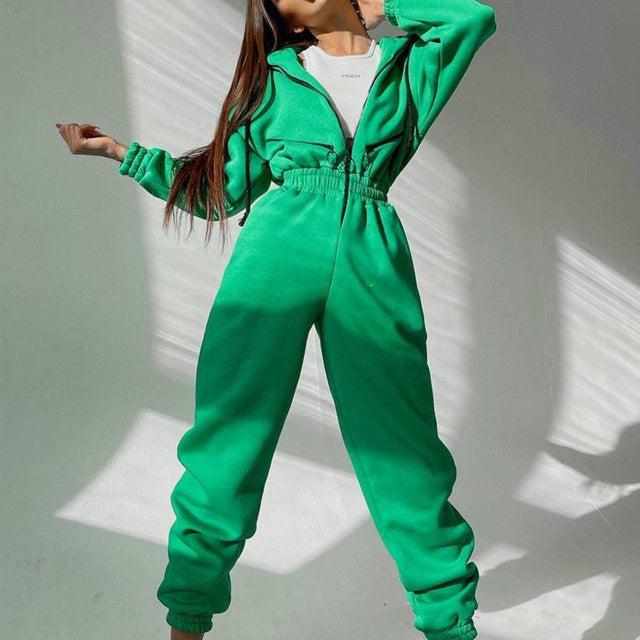 Casual Women Basic Hoodie Two Piece Sets Zipper Drawstring Green