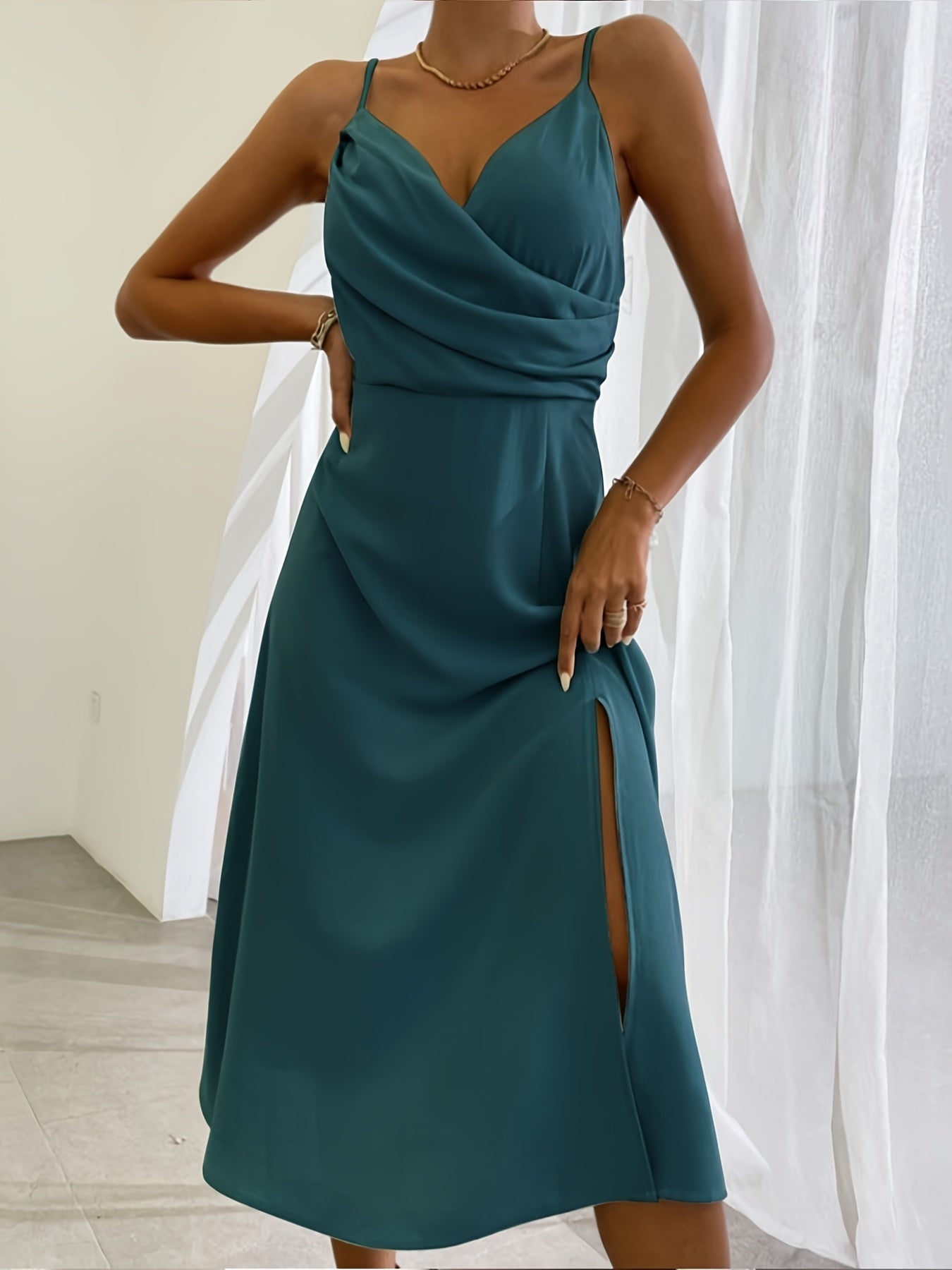 V-neck Slit Sling Dress Summer Fashion Sexy Slim Suspender Dresses For Women Clothing Light Blue