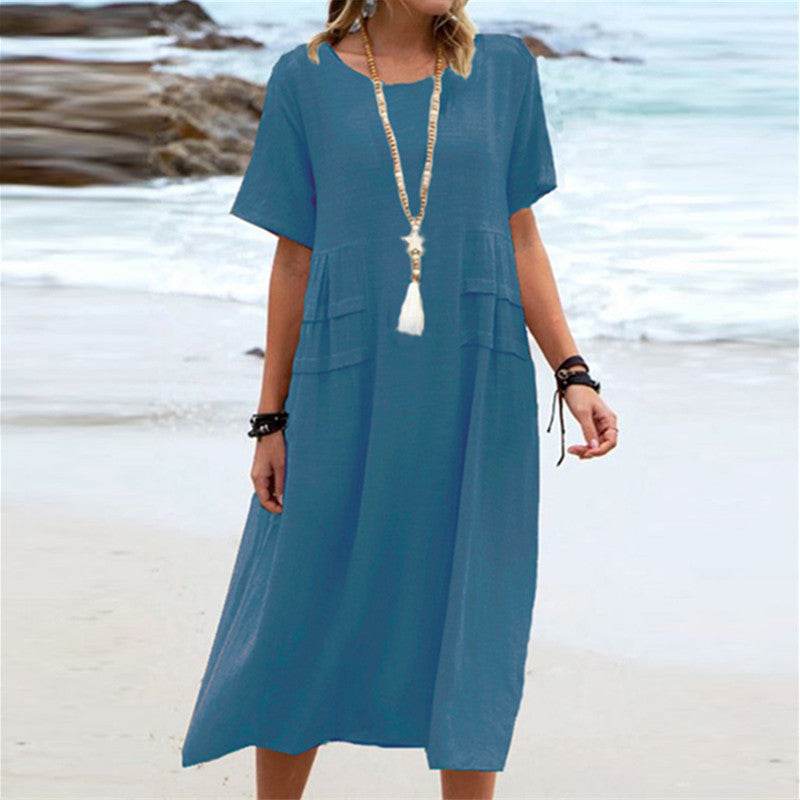 Women's Summer Loose Casual Midi Dress Breathable Cotton Linen Short-sleeve Mid-length Dresses Women Simple Beach Dress Blue