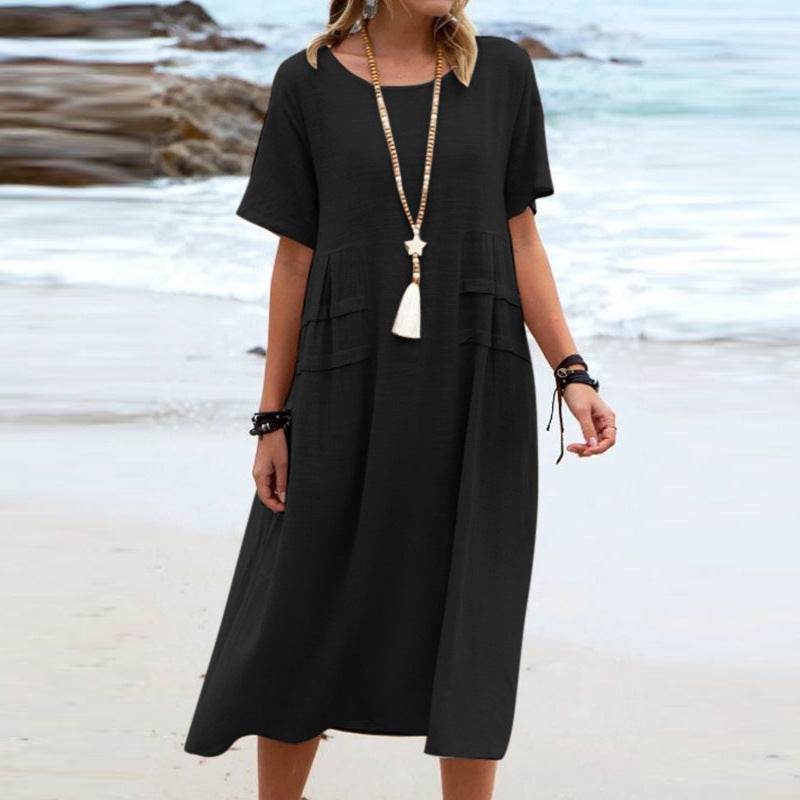 Women's Summer Loose Casual Midi Dress Breathable Cotton Linen Short-sleeve Mid-length Dresses Women Simple Beach Dress Black