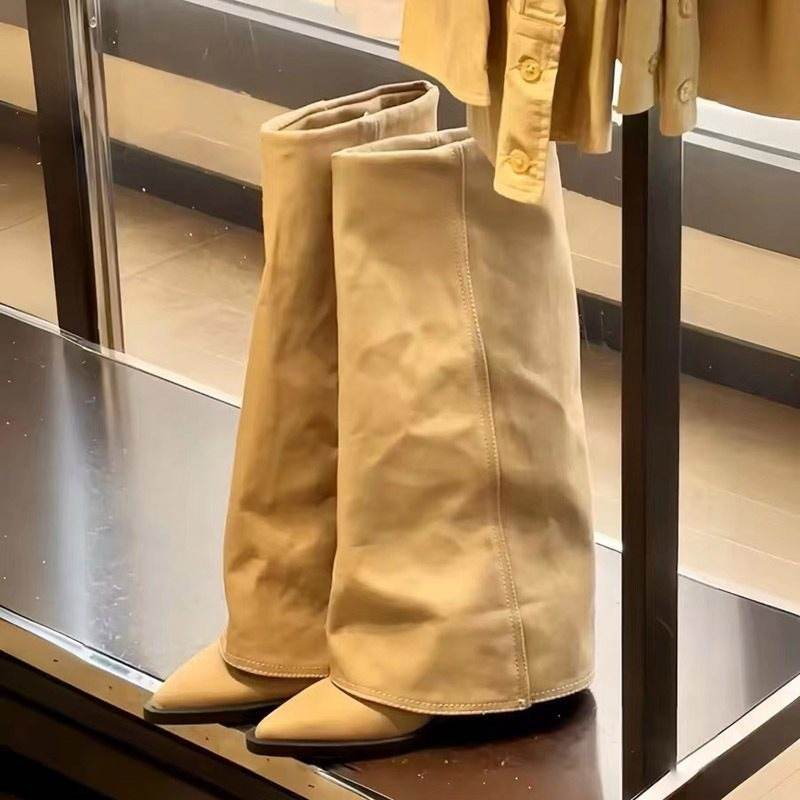 Autumn And Winter New Pointed Toe Chunky Heel Pantyhose Boots Khaki