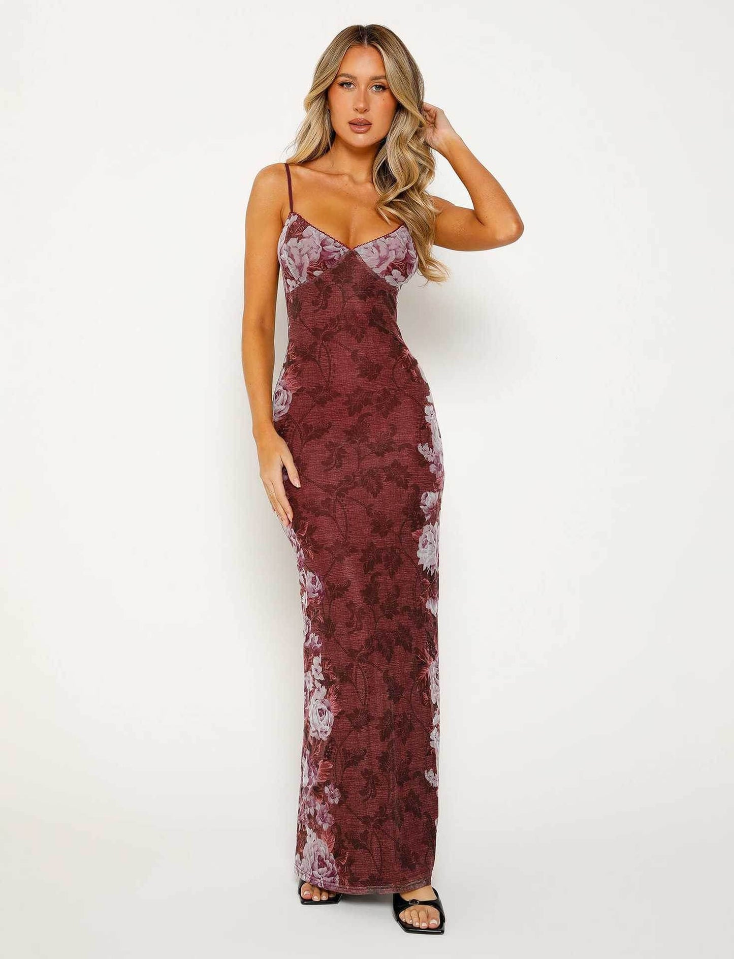 Y2K Slim Flowers Printing Slip Dress Women's Summer Suspender Skirt Vacation Beach Long Dresses Wine Red