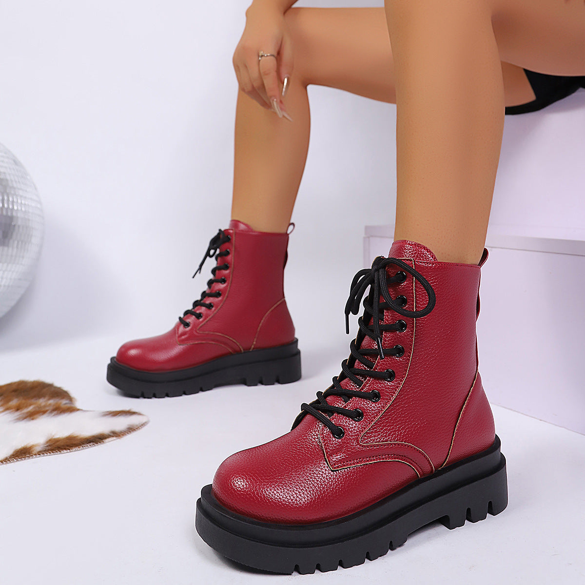 Women's Lace Up Round Toe Platform Leather Martin Boots Red