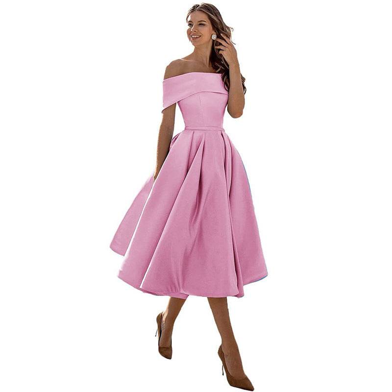 Women's Fashion Casual Strapless Satin Party Dress Off The Shoulder Tea Length Satin Prom Dresses With Pockts Formal Evening Party Dress Pink