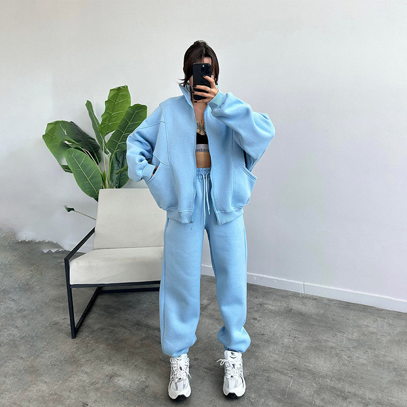 Sports Suits With Pockets Stand-up Collar Zipper Cardigan And Drawstring Trousers Fashion Jogger Set Outfits Tracksuits Women's Clothing Light Blue