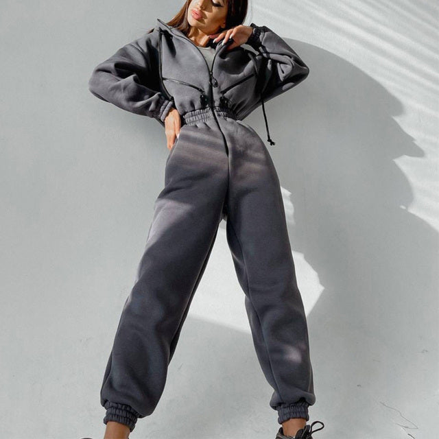 Casual Women Basic Hoodie Two Piece Sets Zipper Drawstring Grey