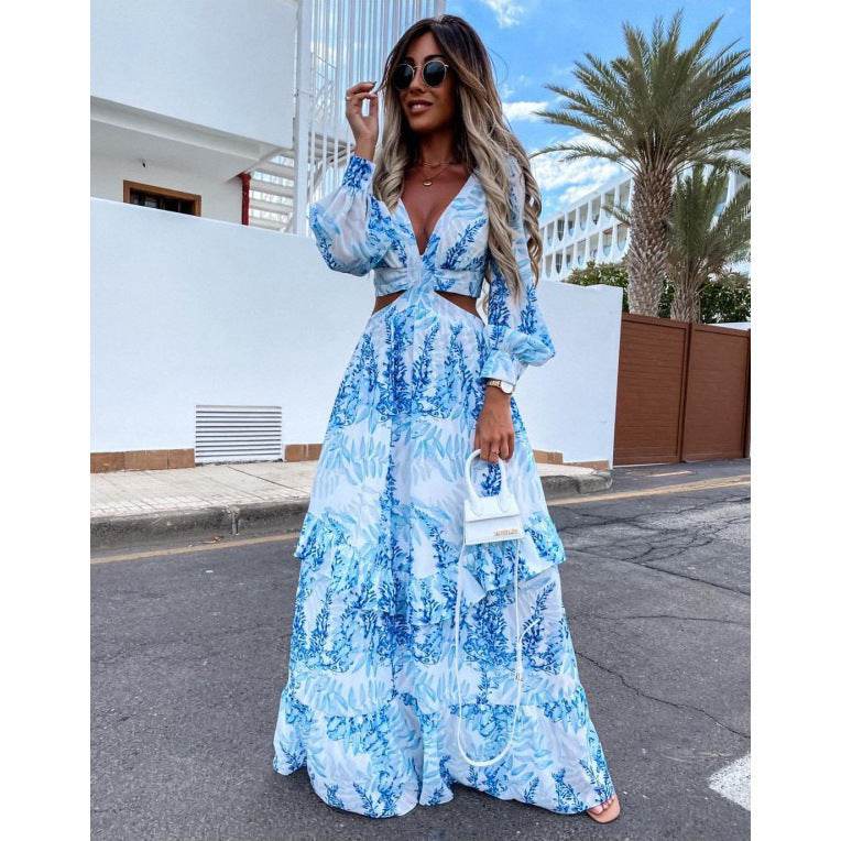 Elegant Women's Hollow Floor V-neck Long-sleeved Plant Dress Long Dresses Spring Summer Print V-neck Long Sleeve Dress Light Blue