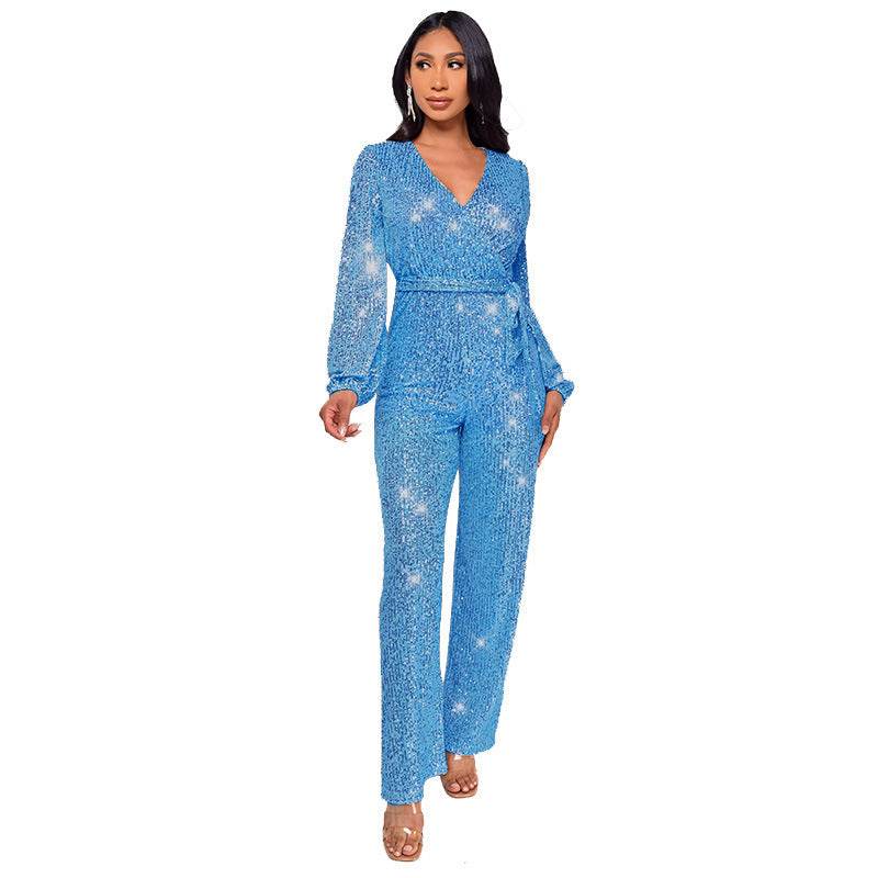 High Waist Wide Leg Sequined Belt Jumpsuit Sky Blue