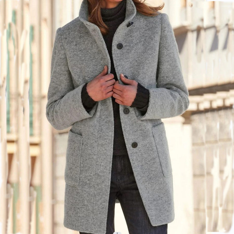 Fashion Stand Collar Woolen Coat With Pockets Fall Winter Casual Button Outwear For Women Clothing Light Grey
