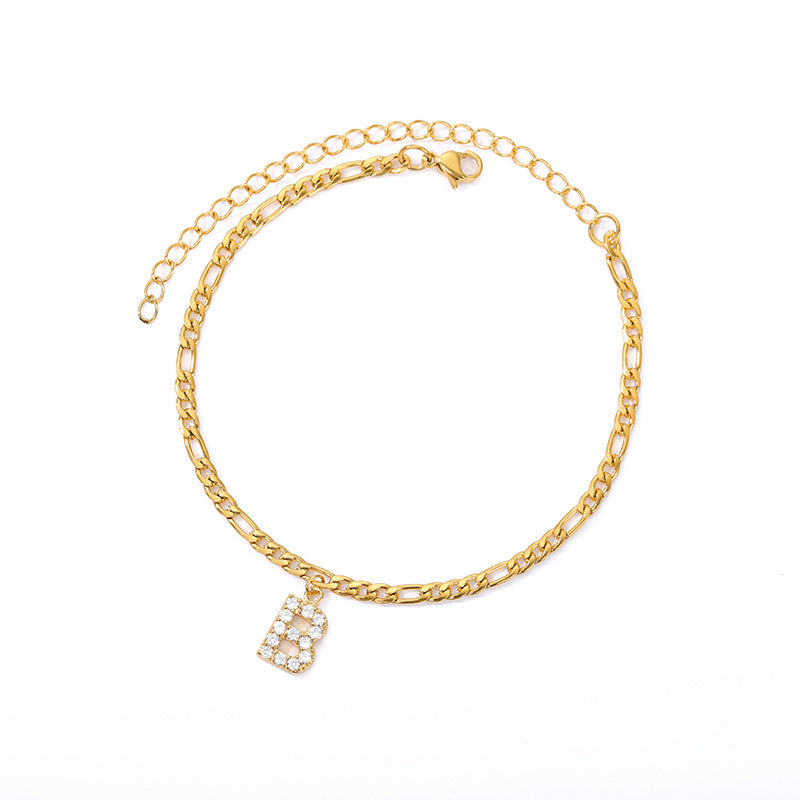 English Alphabet Stainless Steel Zircon All-match Anklet B