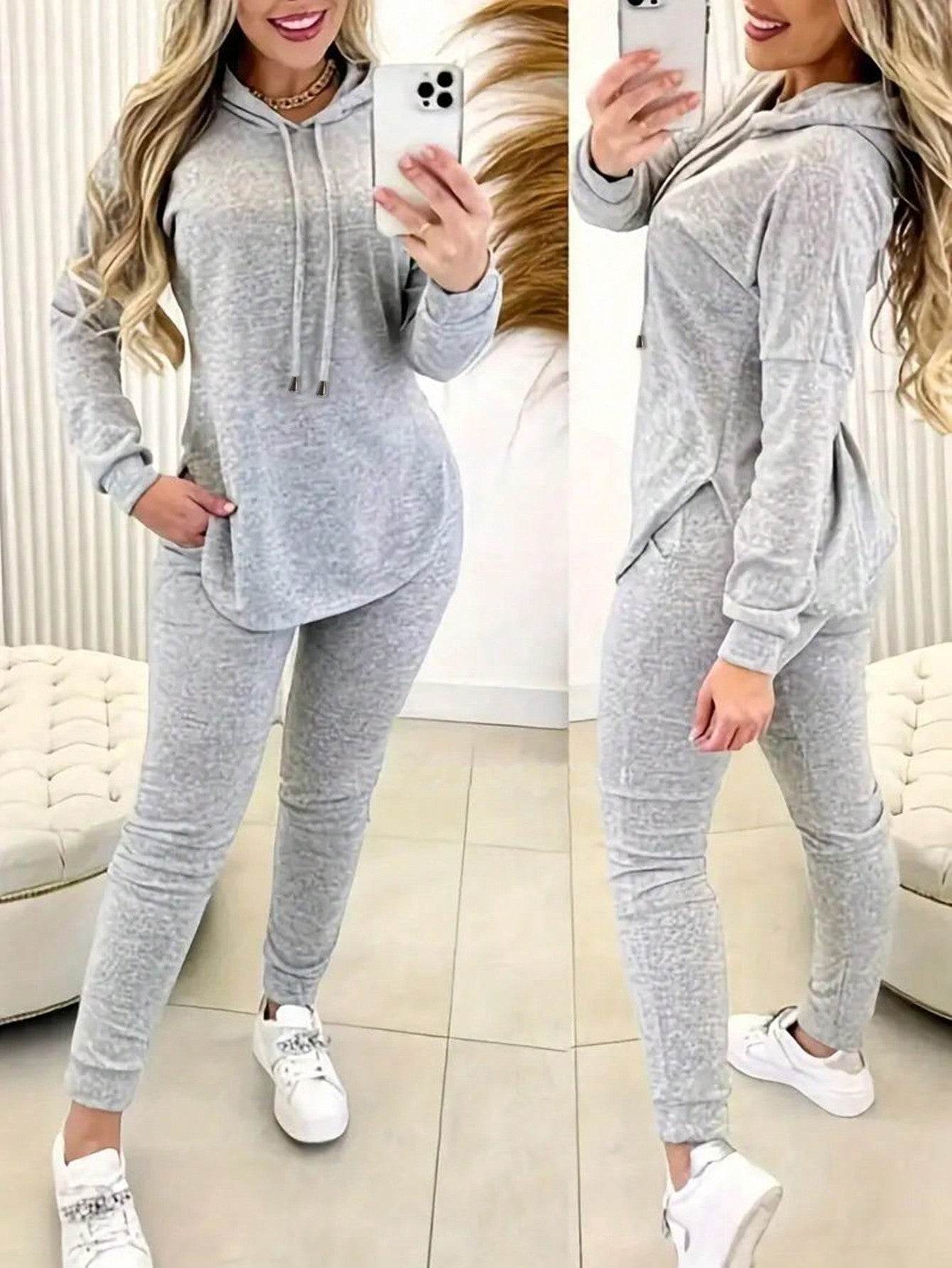 2pcs Set Women Solid Color Drawstring Hooded Long Sleeve Top And Pants Casual Suit - La Gaelliance DG ESsence