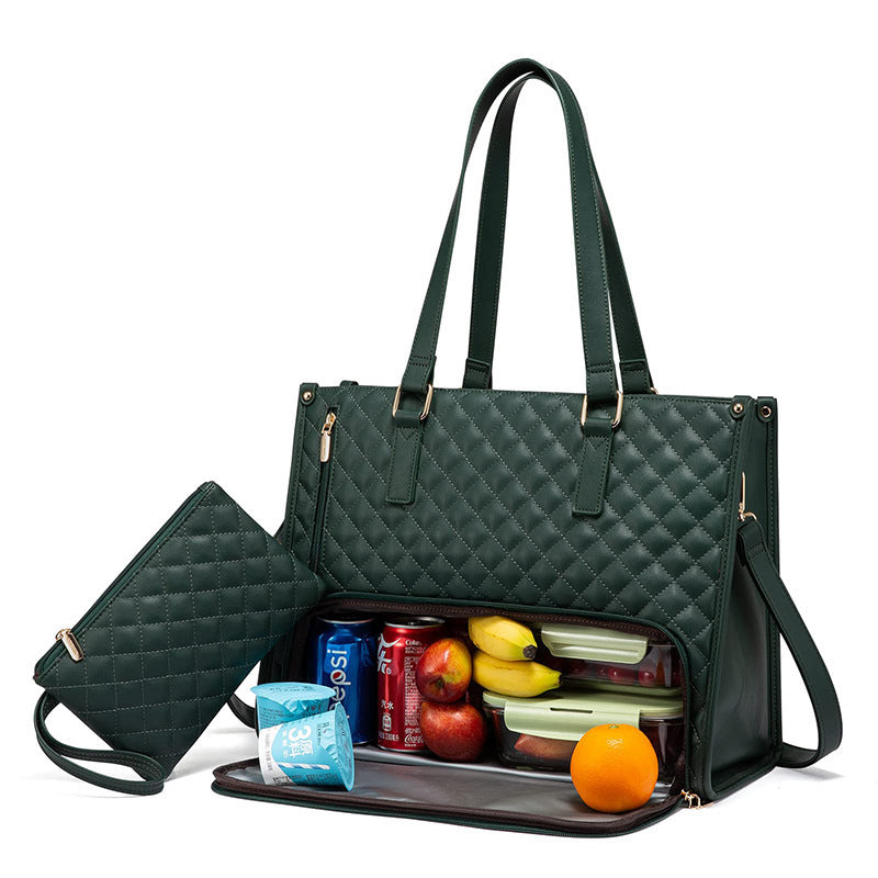 Convenient Commute New Lunch Bag Women's Insulated Lunch Box Women's Leak-proof Large Purse Diagonal Computer Storage Dark Green 36x16x30cm