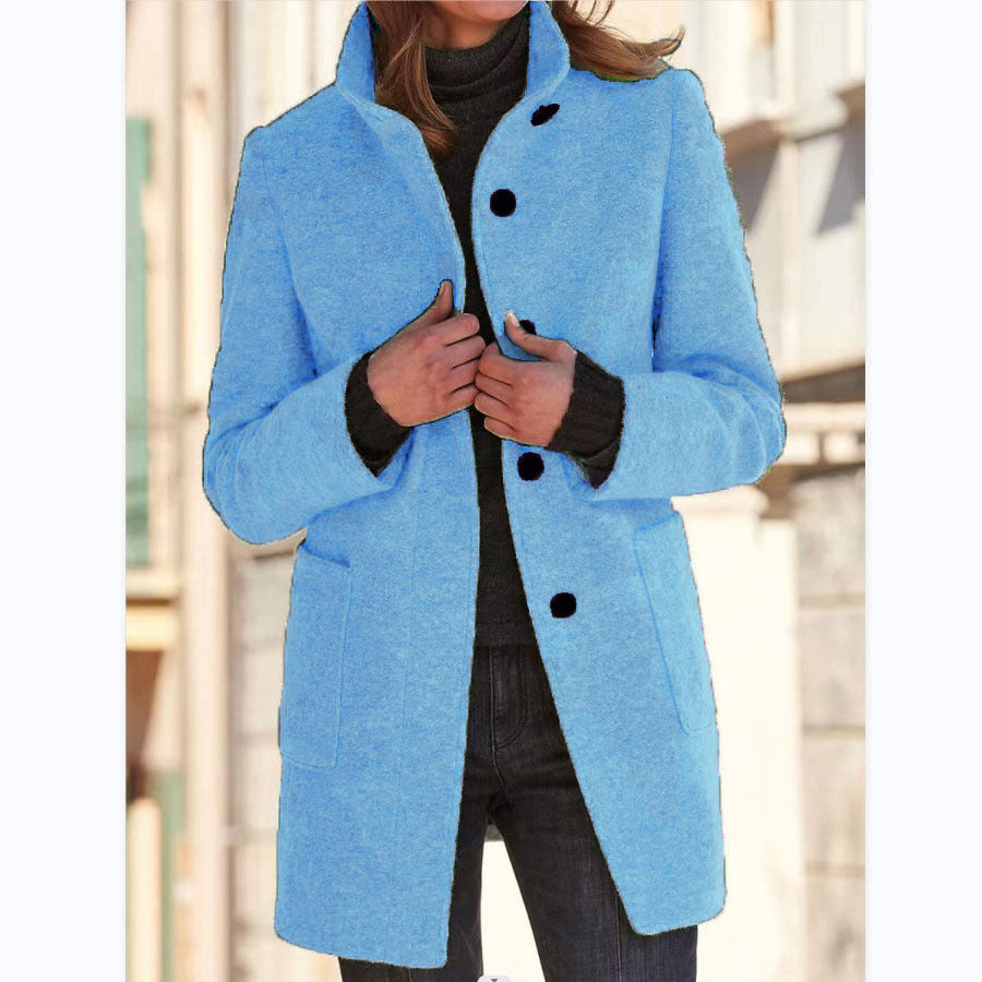 Fashion Stand Collar Woolen Coat With Pockets Fall Winter Casual Button Outwear For Women Clothing Light Blue