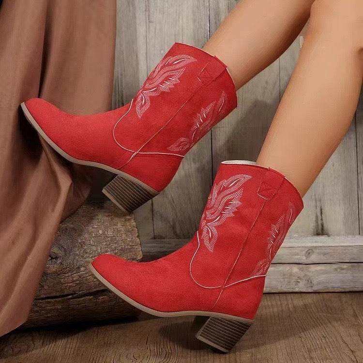 Fashion Chunky-heeled Pointed Toe Boots Winter Ethnic Style Embroidered Mid-Tube Western Shoes Women Red