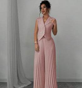 Summer Sleeveless Suit Fashion Lapel Button Vest Top And Pleated Straight Pants Women's Trousers Set Clothing Pink