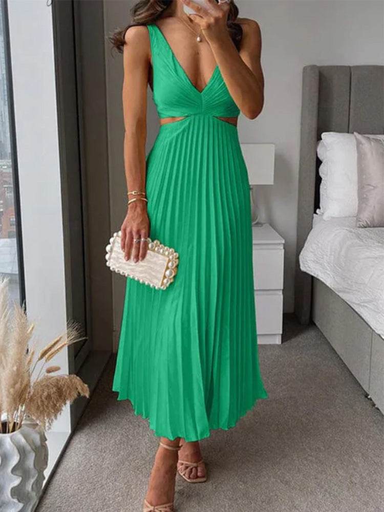 Ins Suspender Pleated Long Dress With Hollow-waisted Design Fashion V-neck Backless Dresses Summer Women's Clothing Green