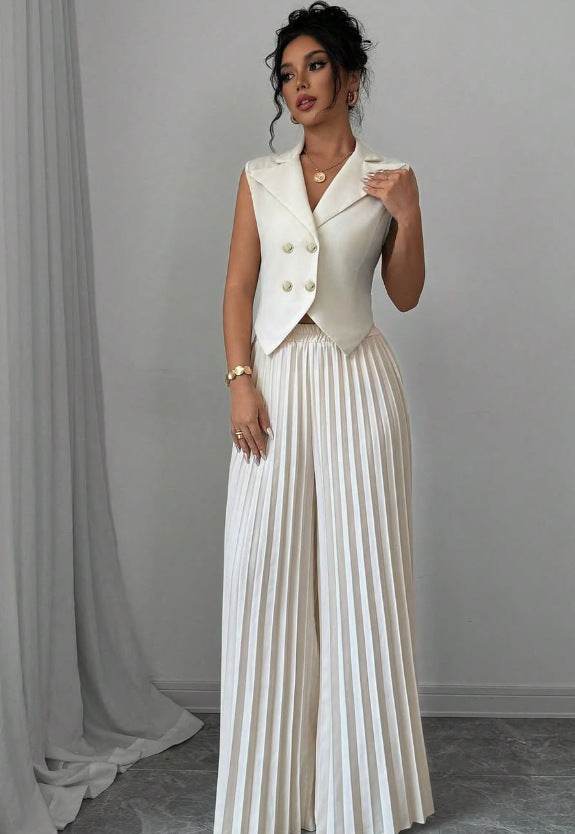 Summer Sleeveless Suit Fashion Lapel Button Vest Top And Pleated Straight Pants Women's Trousers Set Clothing White