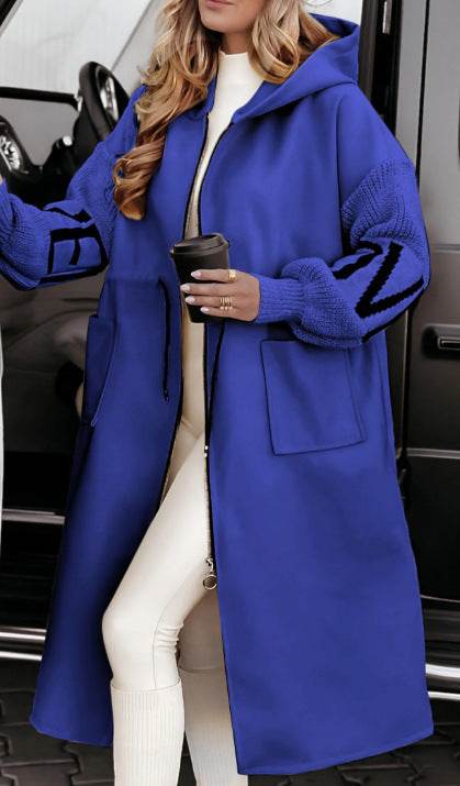 Hooded Windbreaker Long Jacket With Pockets And Drawstring Design Solid Color Knit-Sleeved Trench Coat For Women Clothing Fall Winter Blue