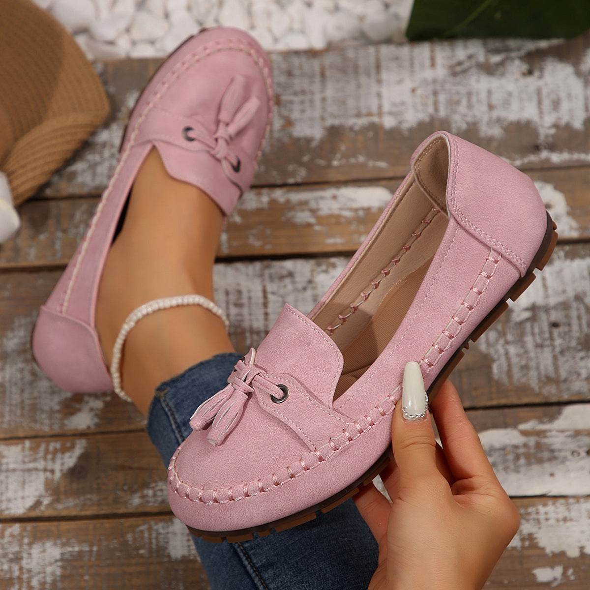 Women's Round Head Loafers Fashion Non-slip Soft Comfortable Flats Shoes Pink