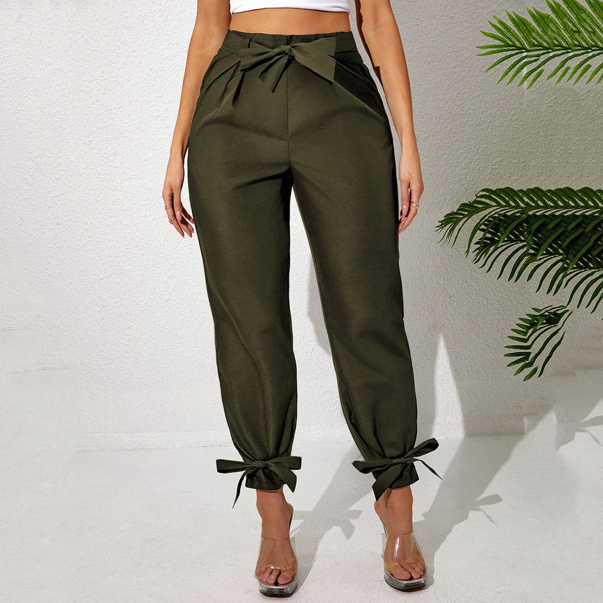 Solid Color Temperament Leg Tie Wooden Ear Trim Casual Women's Pants Army Green